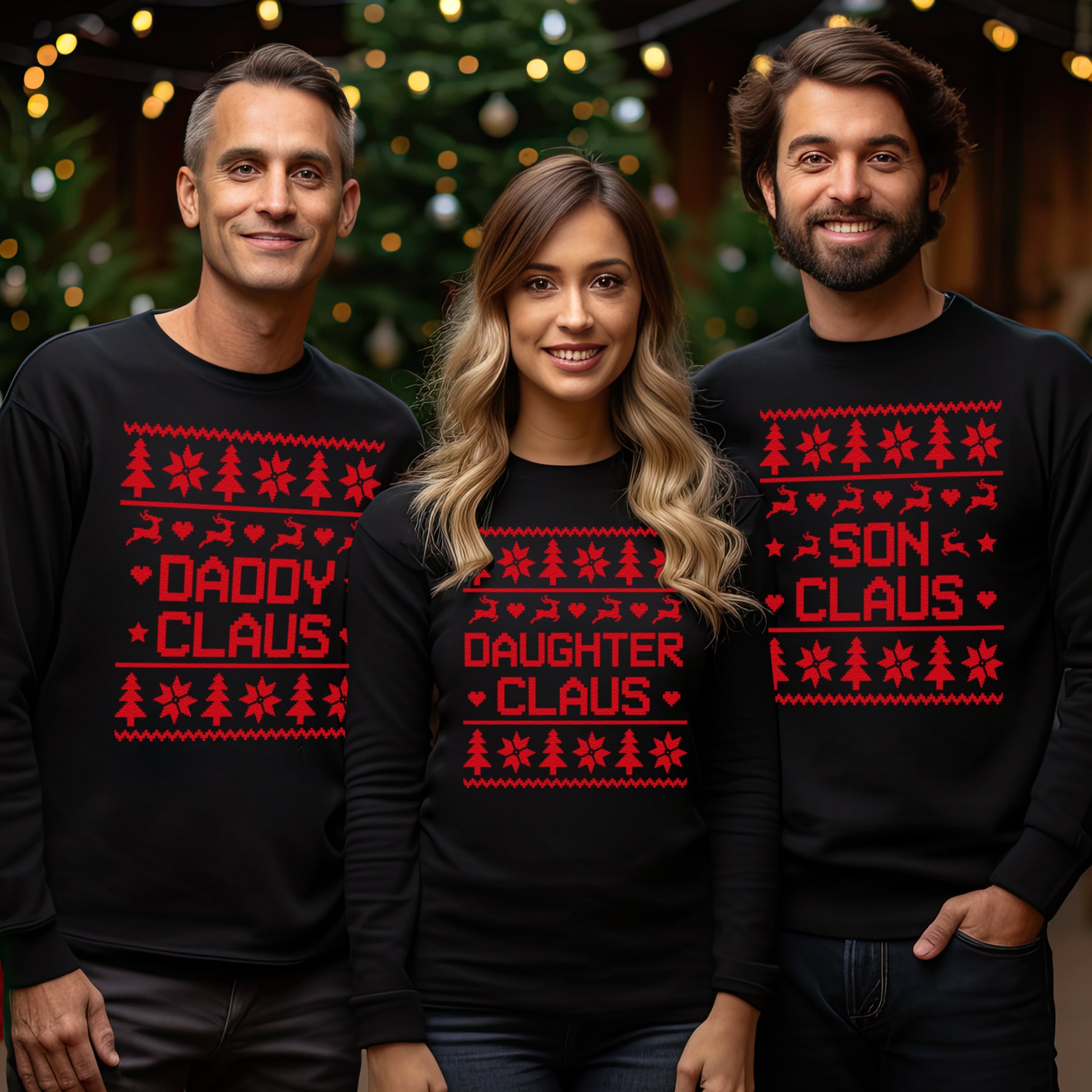 Claus Family Names Pattern Christmas Sweater - Christmas Jumper Sweatshirt - Black - All Sizes