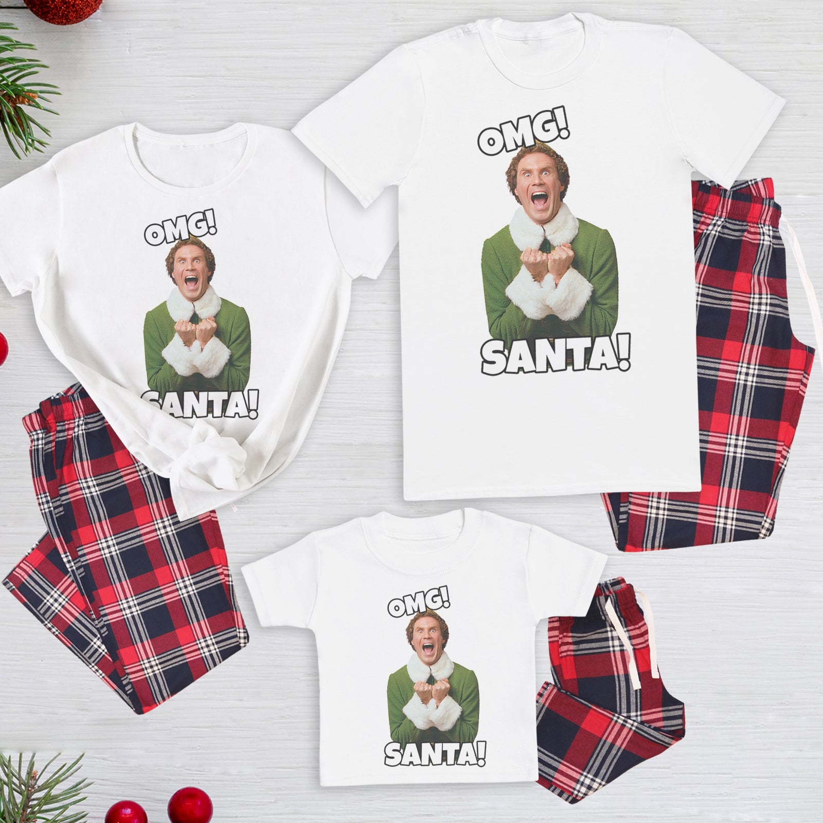 OMG Santa - Family Matching Christmas Pyjamas - Top & Tartan PJ Bottoms - (Sold Separately)