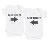 She Did It & She Did It Twin Set - Baby Bodysuit & Kids T-Shirt - (0M to 14 yrs)
