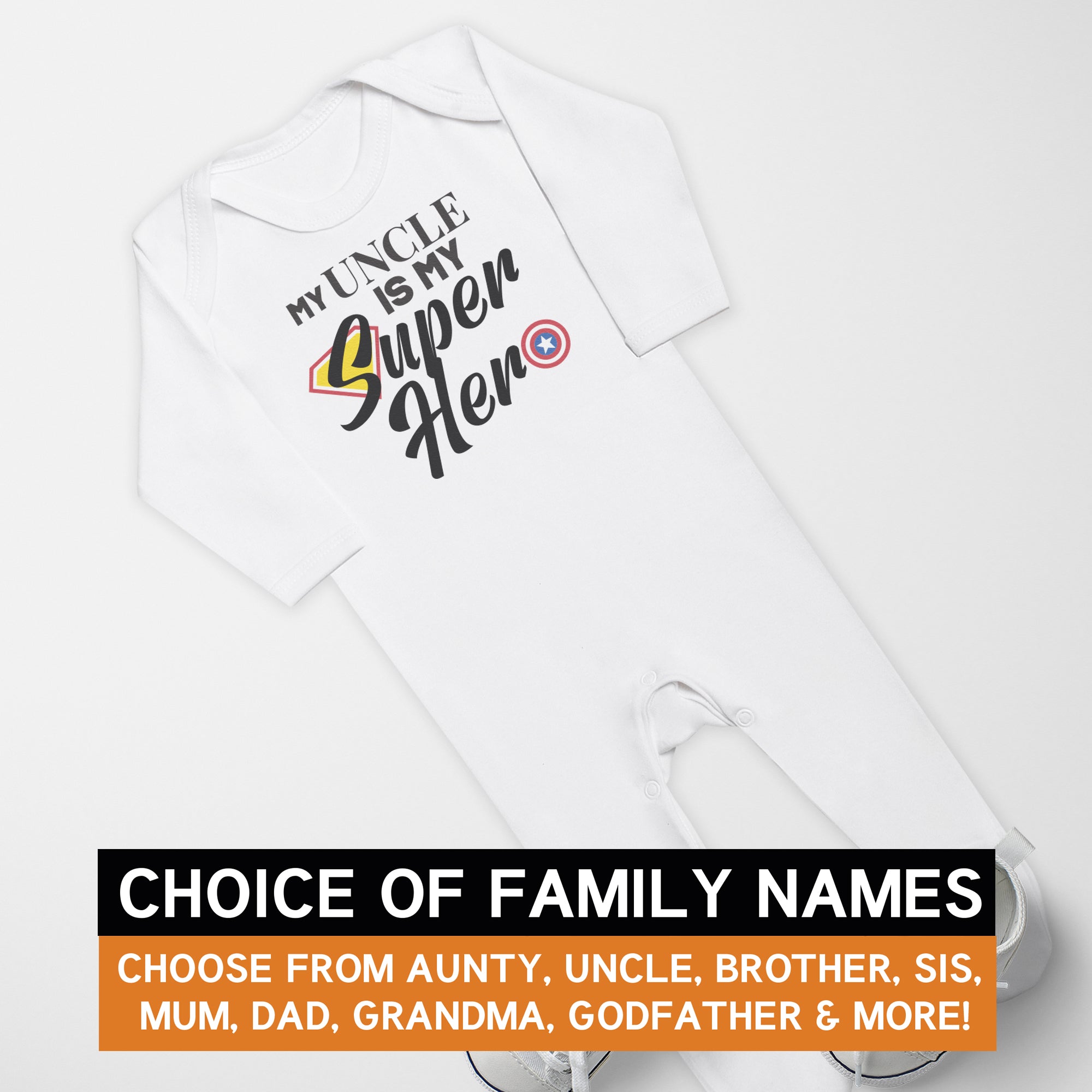 Pick A Family Name - Is My Hero Mummy, Auntie, Grandad Is My Superhero and more - Baby Romper
