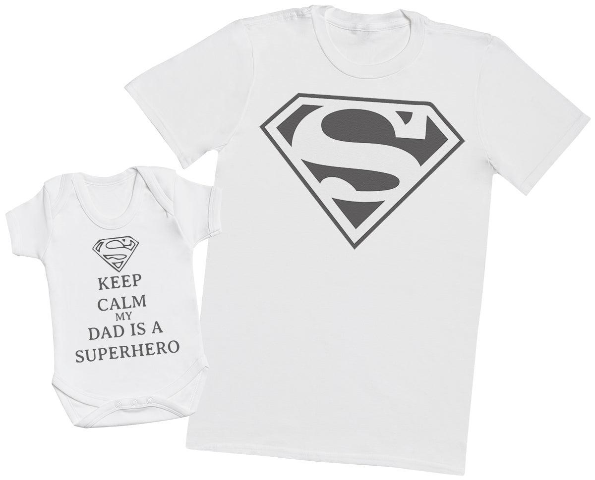 Keep Calm Dad Is A Super Hero - Mens T Shirt & Baby Bodysuit - (Sold Separately)